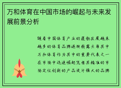 万和体育在中国市场的崛起与未来发展前景分析
