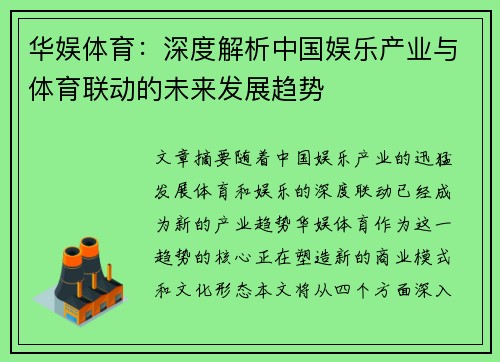 华娱体育：深度解析中国娱乐产业与体育联动的未来发展趋势